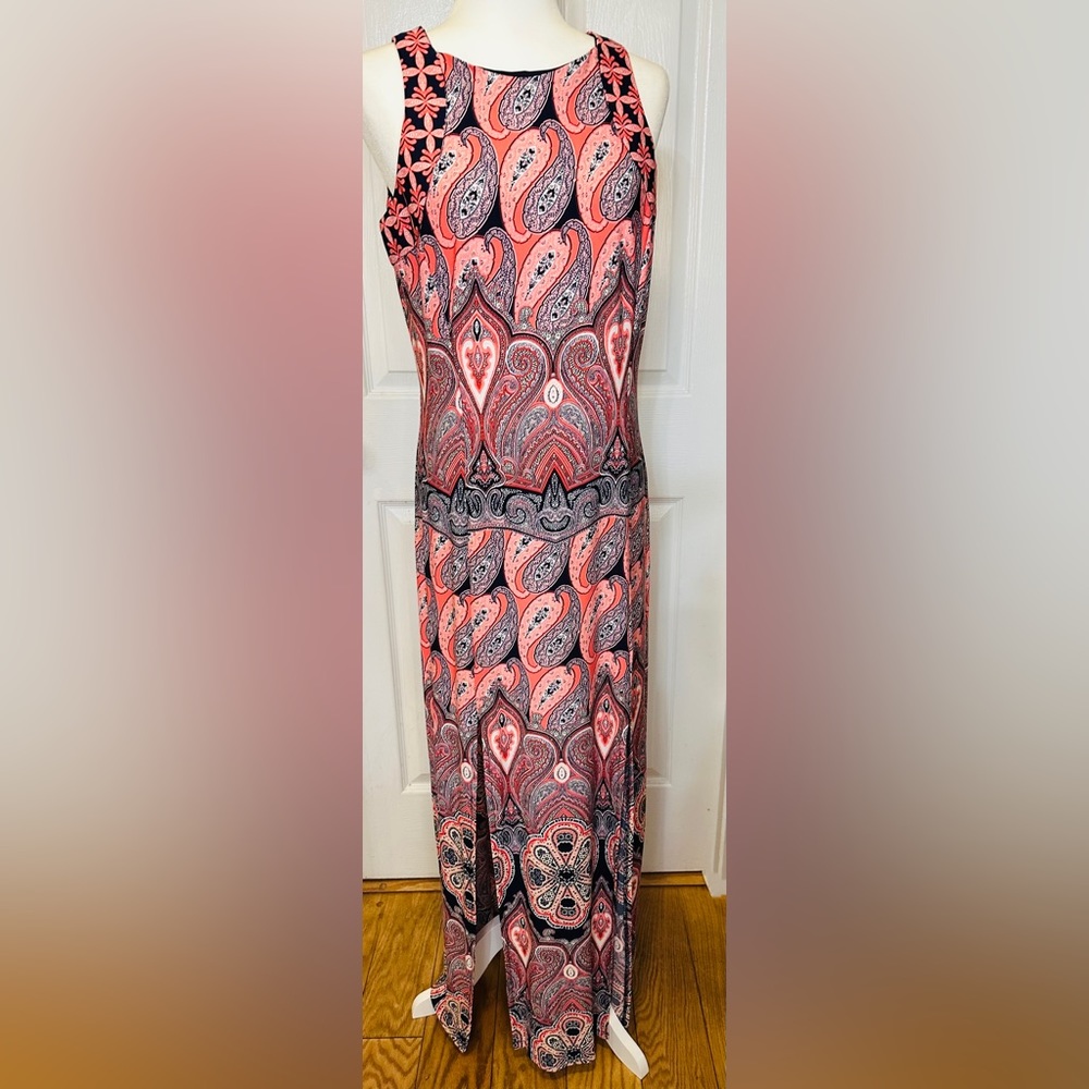 London Times Dress Sleeveless Maxi Coral Black White Peep Hole Closure Size 10